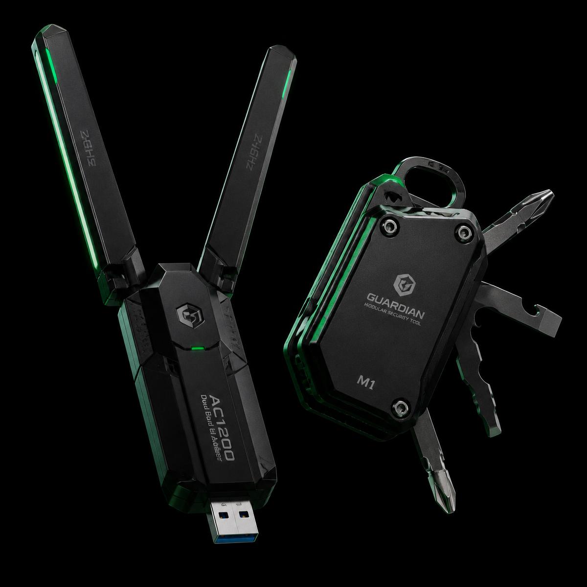 Dual-band packet injection wireless adapter next to a modular security multi-tool